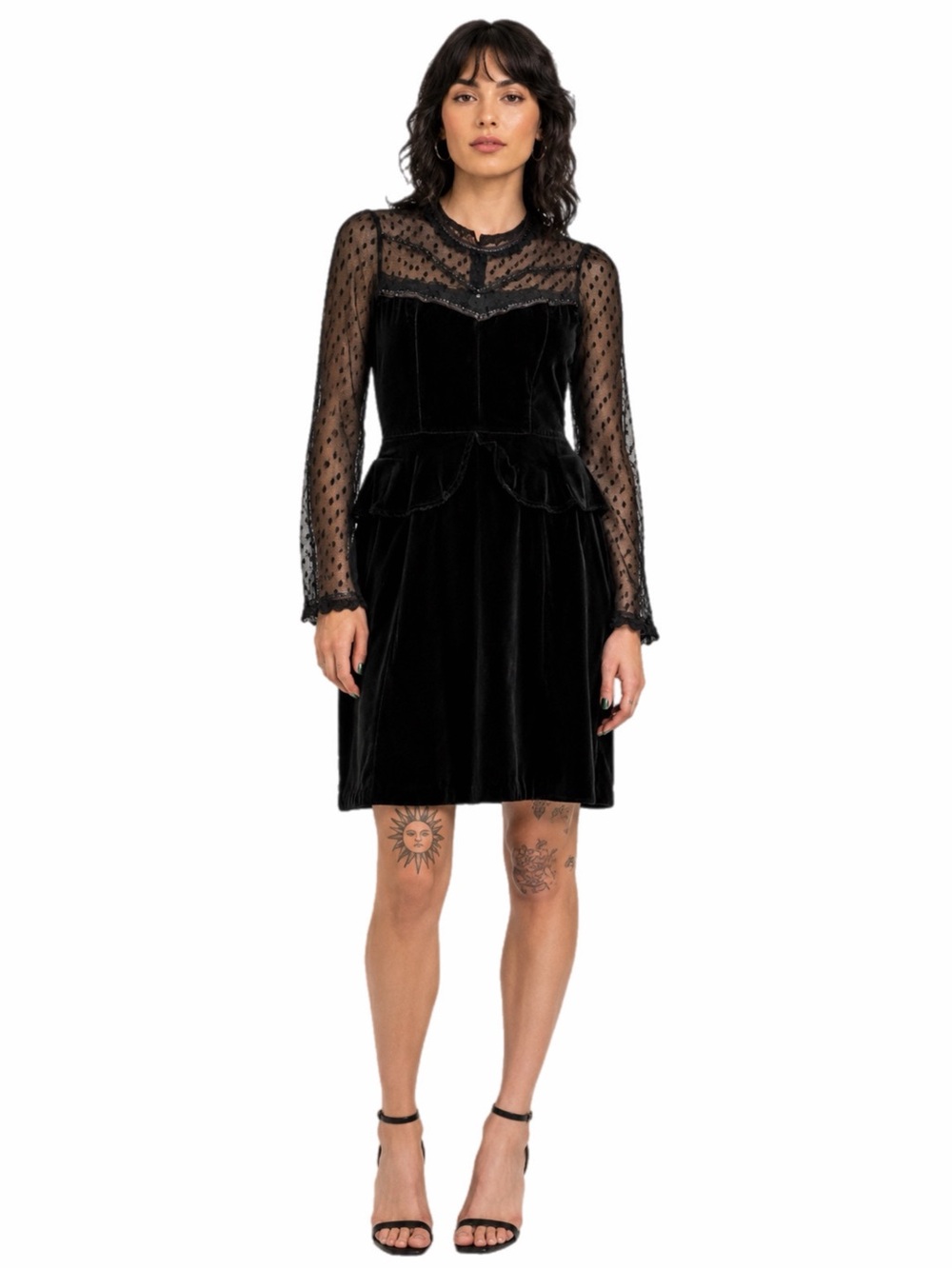 90s Vintage Velvet Peplum Swiss Dot Mesh Gothic Dress (Black) Size S/M